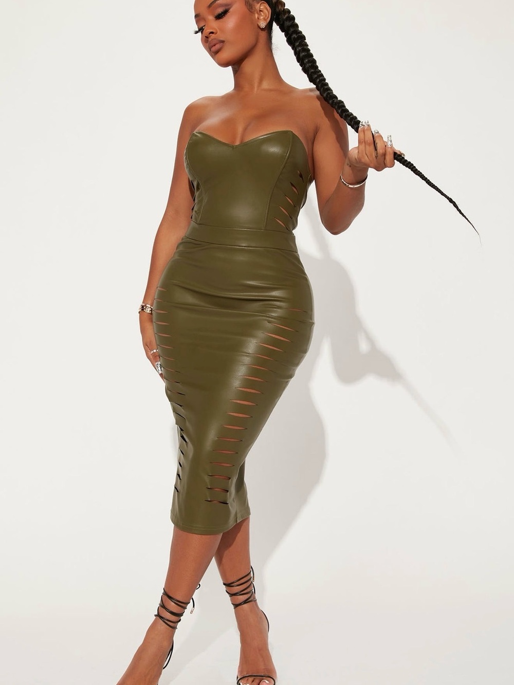 Fashion Nova Olive Green Strapless Cutout Bodycon Midi Dress